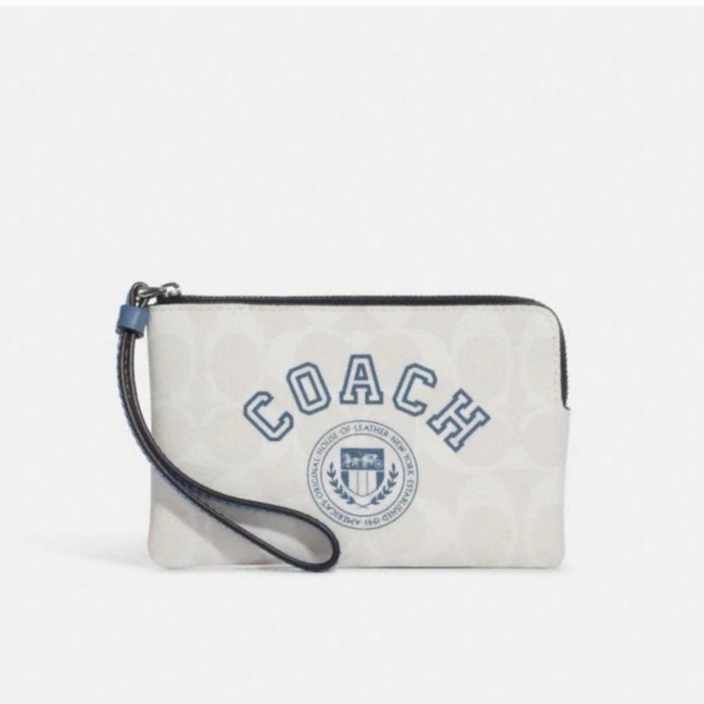 Corner Zip Wristlet In Signature Canvas With Varsity Motif Blue & White, NWT - Picture 5 of 5